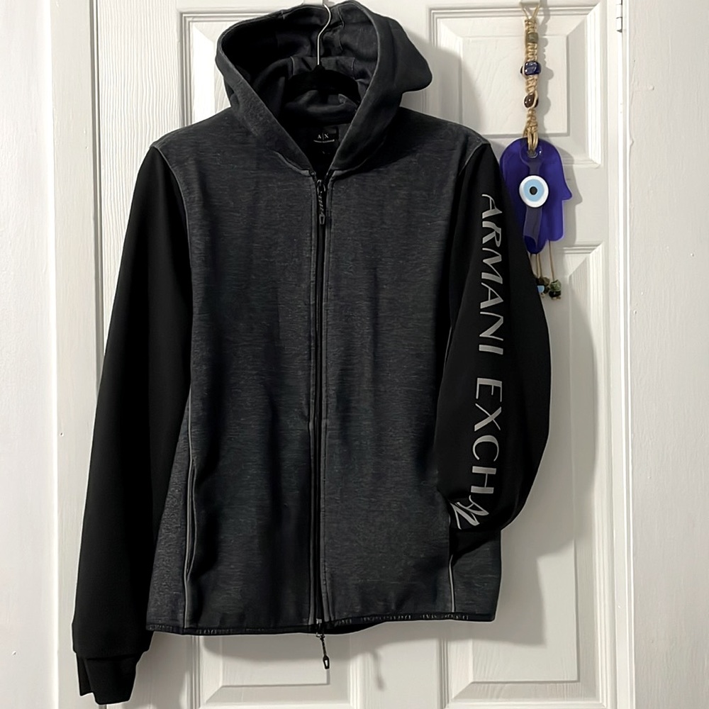 Armani Exchange Zippered Hoodie Black & Charcoal with Pockets & Designed Sleeve